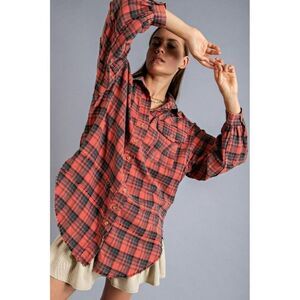 EASEL CLOTHING Womens Mineral Washed Plaid Shirt Button up Pinkish Coral ET16600